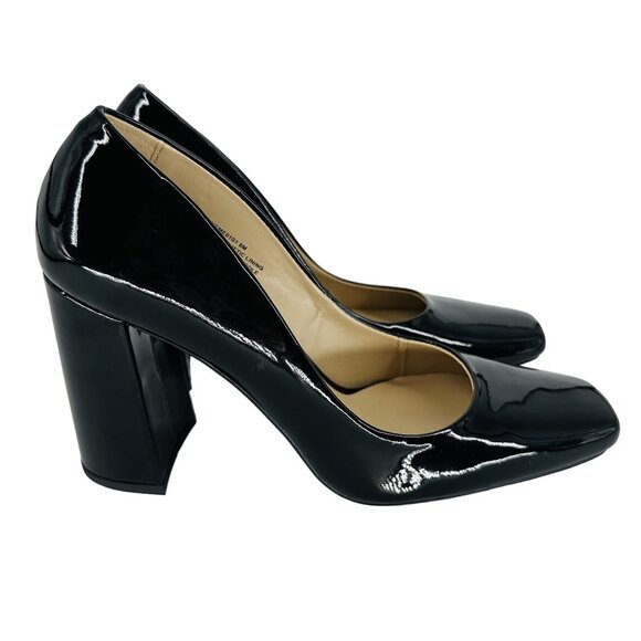 Steve Madden Black Patent Synthetic Leather Square Toe Chunky Block Heel Shoe 8M - Picture 2 of 7